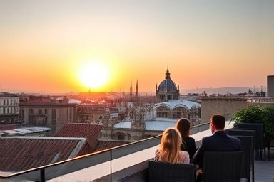 Rooftop hotel view in Barcelona Gothic Quarter at sunset